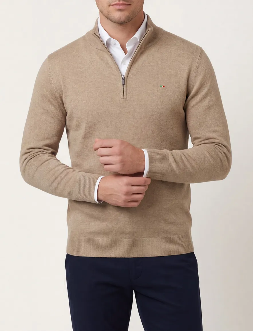 Portofino Hince regular fit half zip trui camel gemêleerd