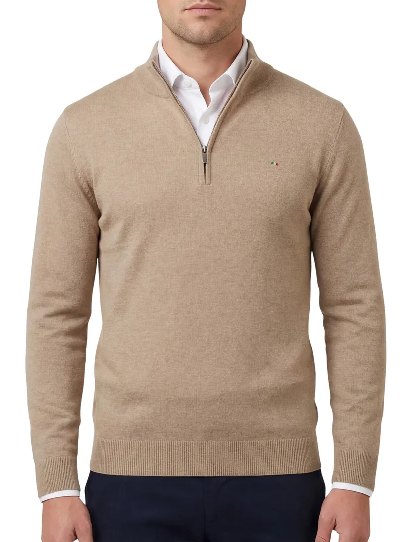 Portofino Hince regular fit half zip trui camel katoen