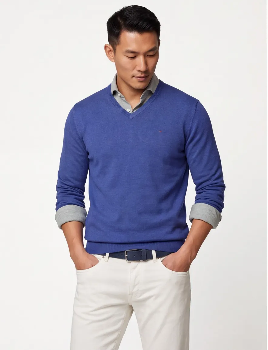 Portofino blauw effen v-hals normale fit katoen