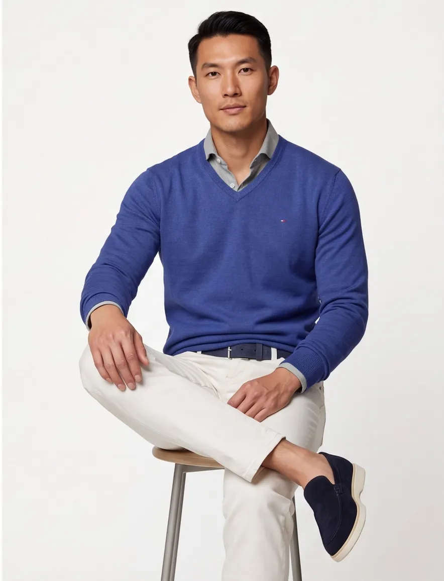 Portofino blauw effen v-hals normale fit katoen