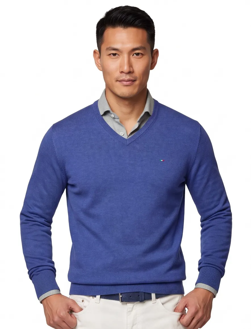 Portofino blauw effen v-hals normale fit katoen