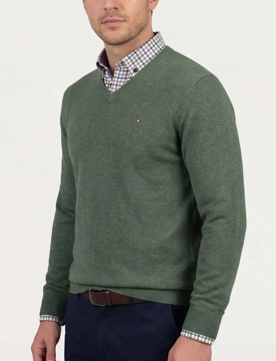 Portofino Vince V-neck Pullover Flat Knit Groen
