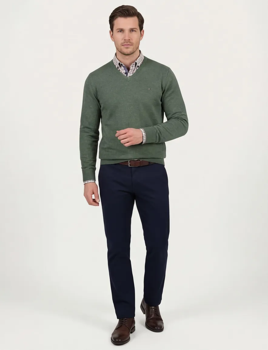 Portofino Vince V-neck Pullover Flat Knit Groen
