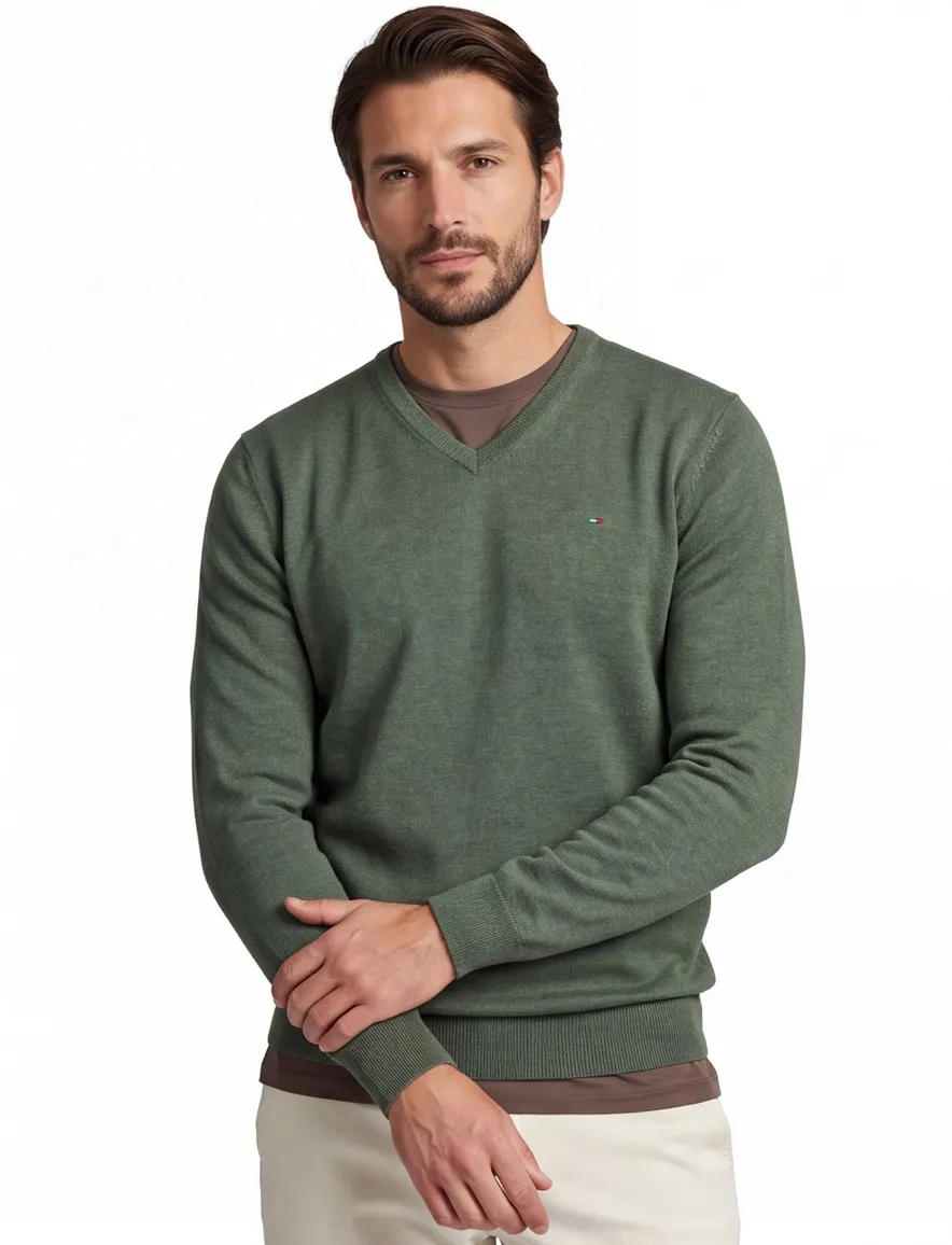 Portofino Vince V-neck Pullover Flat Knit Groen