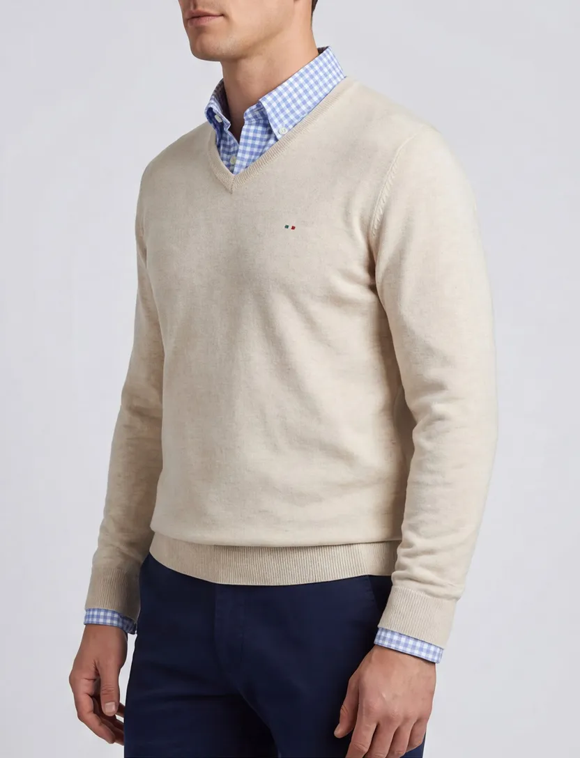 Portofino beige effen normale fit katoen v-hals