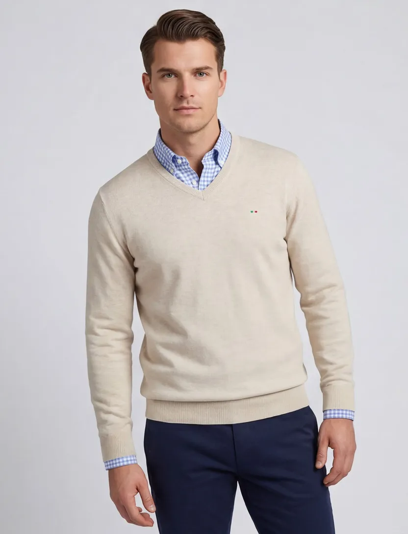 Portofino beige effen normale fit katoen v-hals