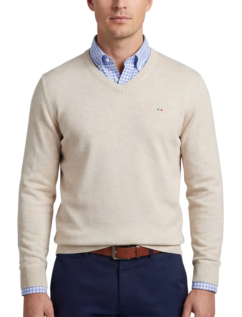 Portofino beige effen normale fit katoen v-hals
