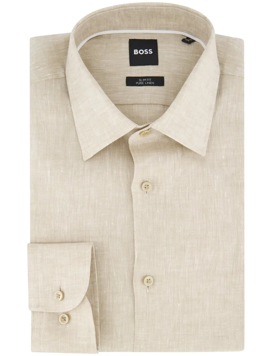BOSS overhemd beige Slim Fit semi-wide collar