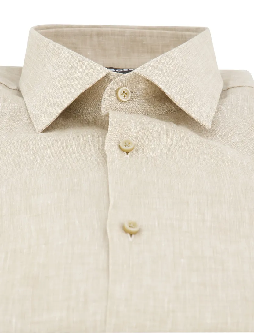 BOSS overhemd beige Slim Fit Pure Linen gemêleerd