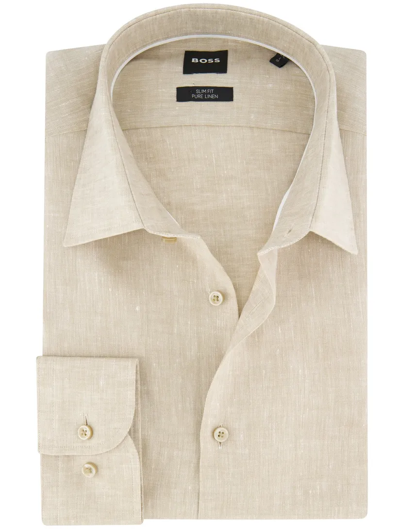Boss Black H-Hank overhemd mouwlengte 7 beige linnen