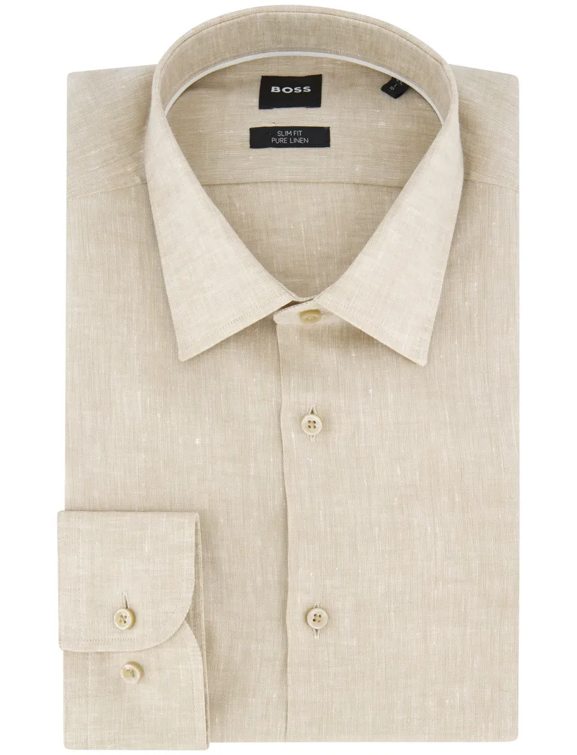 Boss Black H-Hank overhemd mouwlengte 7 beige linnen