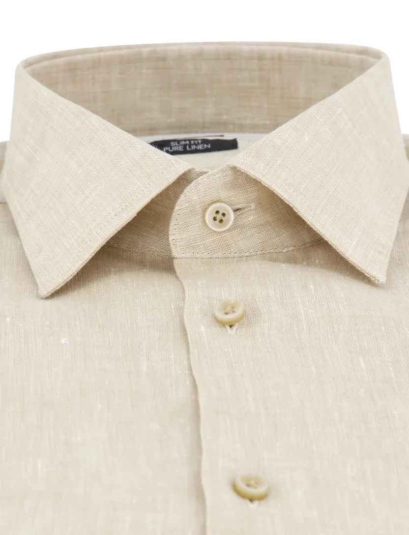 Boss Black H-Hank overhemd mouwlengte 7 beige linnen