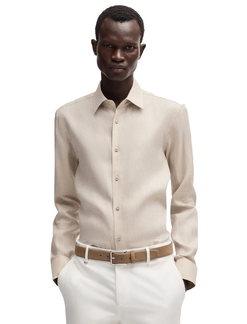 Boss Black H-Hank overhemd mouwlengte 7 beige linnen