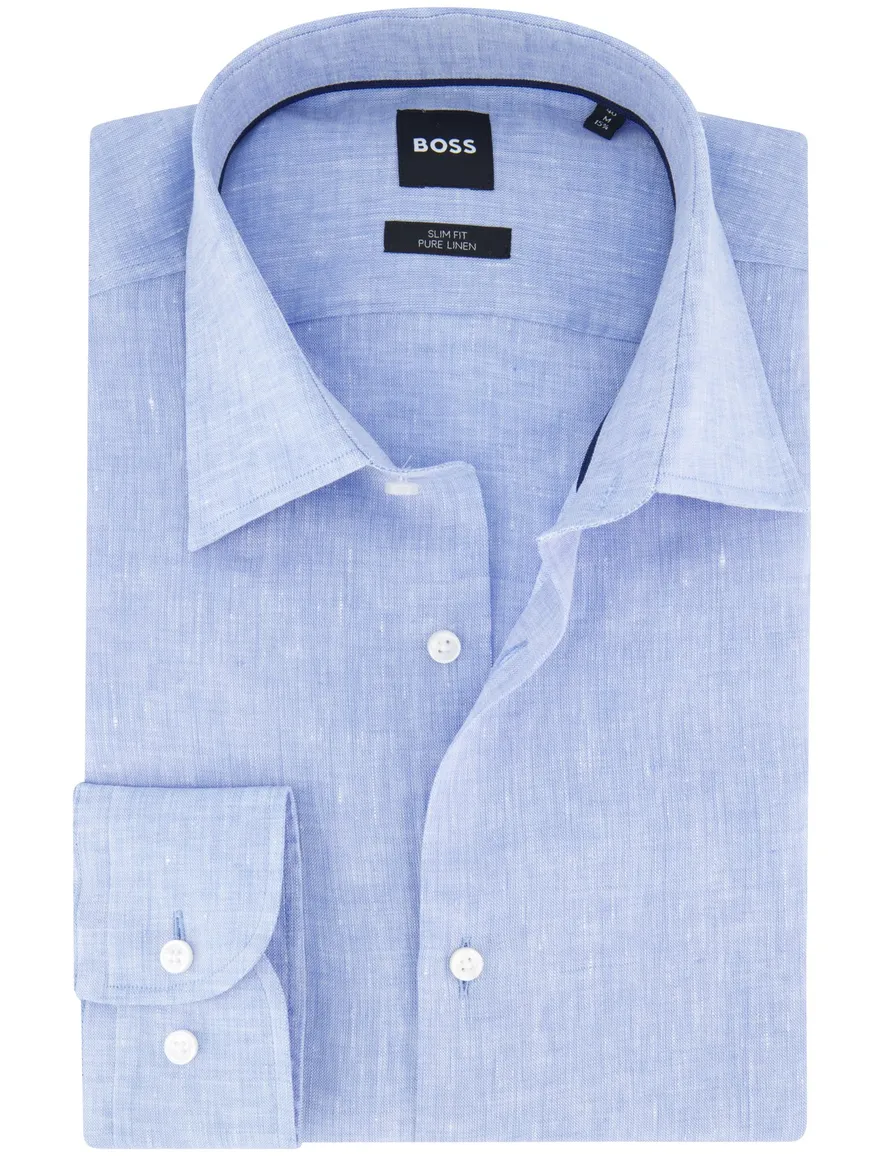 BOSS overhemd lichtblauw Slim Fit Pure Linen gemêleerd