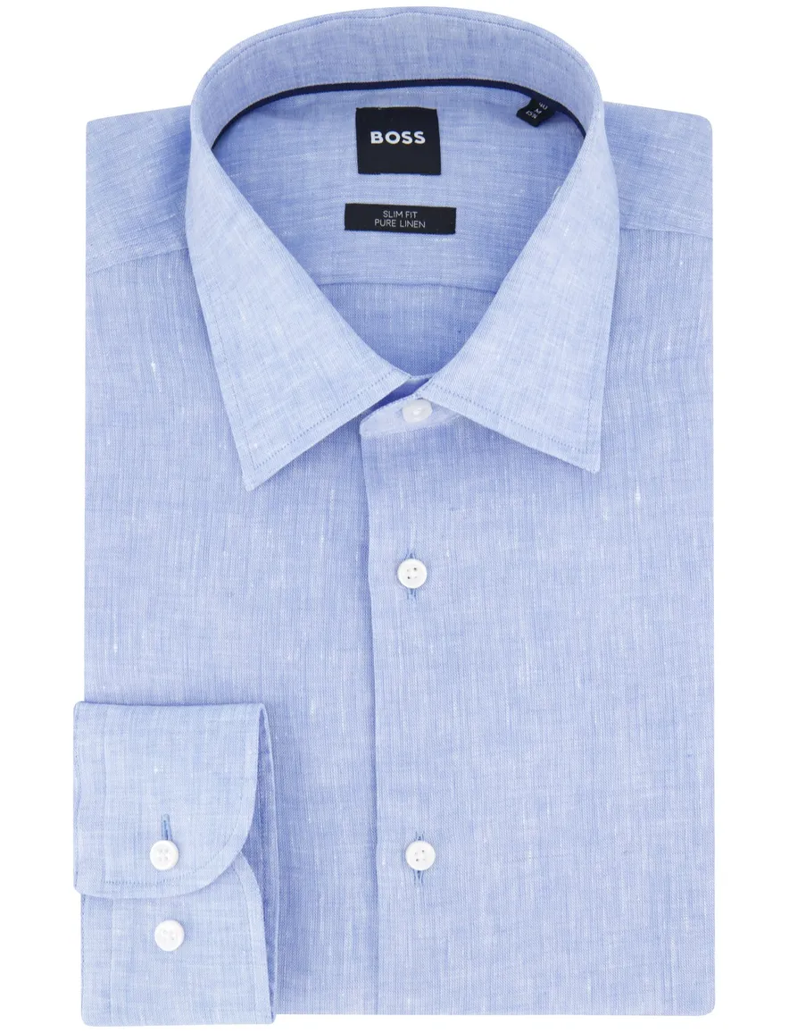 BOSS overhemd lichtblauw Slim Fit Pure Linen gemêleerd