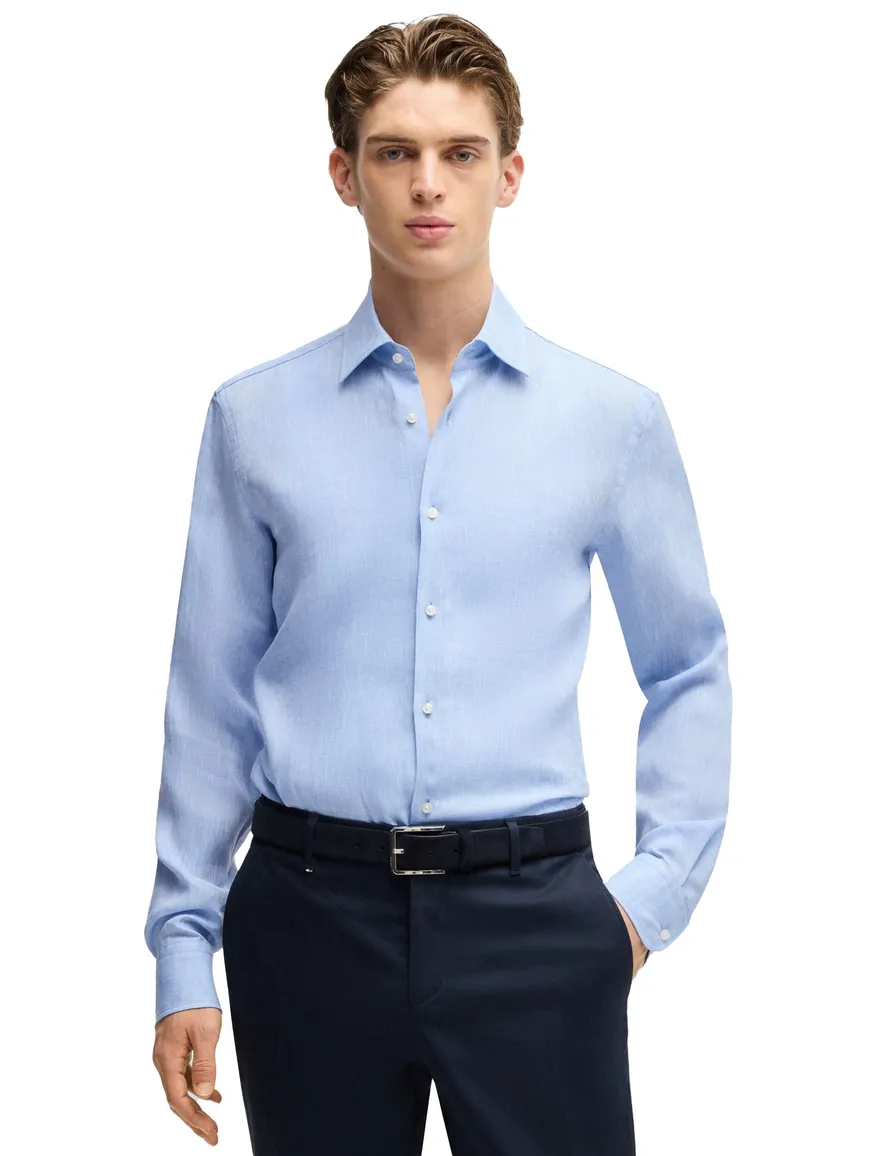 BOSS overhemd lichtblauw Slim Fit Pure Linen gemêleerd