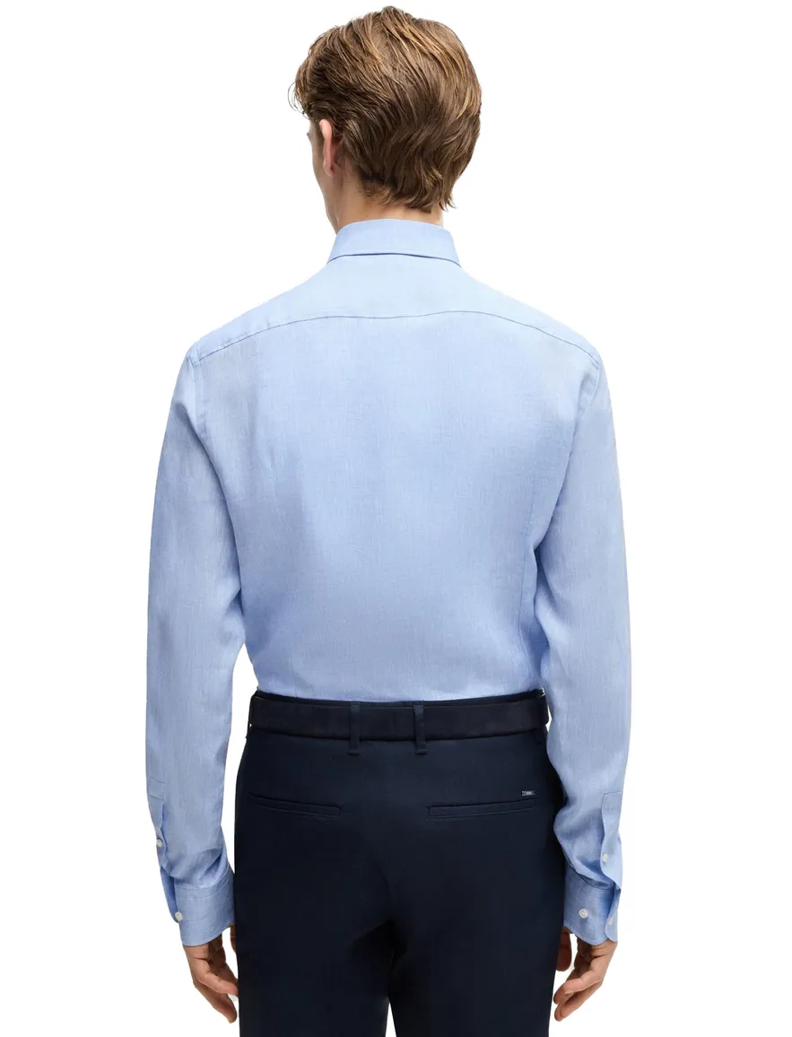 BOSS overhemd lichtblauw Slim Fit Pure Linen gemêleerd