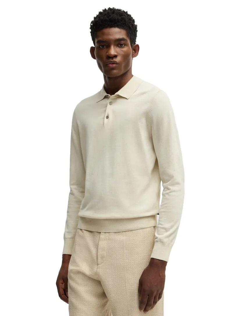 Boss Black polo lange mouw Gemello-P creme katoen