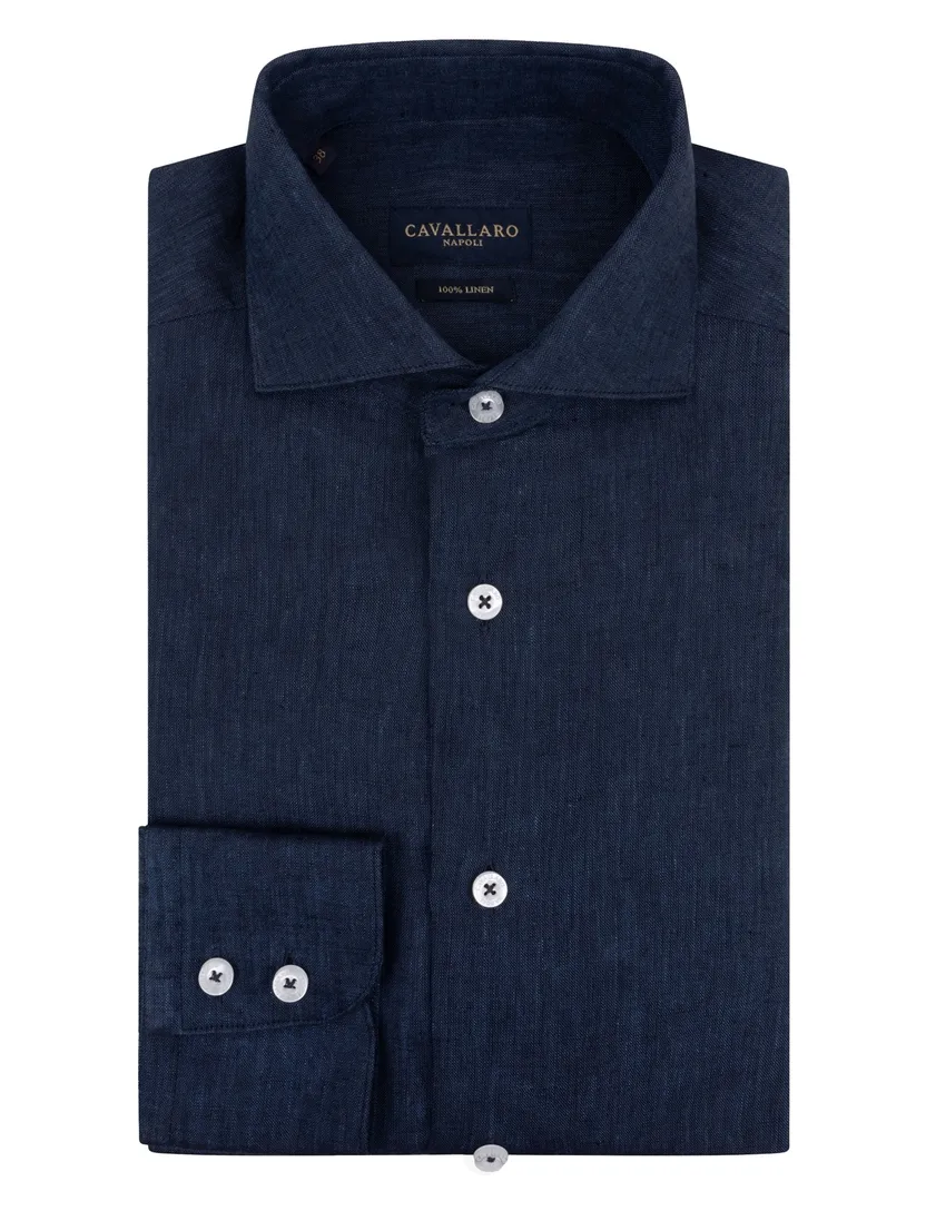 Cavallaro overhemd mouwlengte 7 donkerblauw slim fit