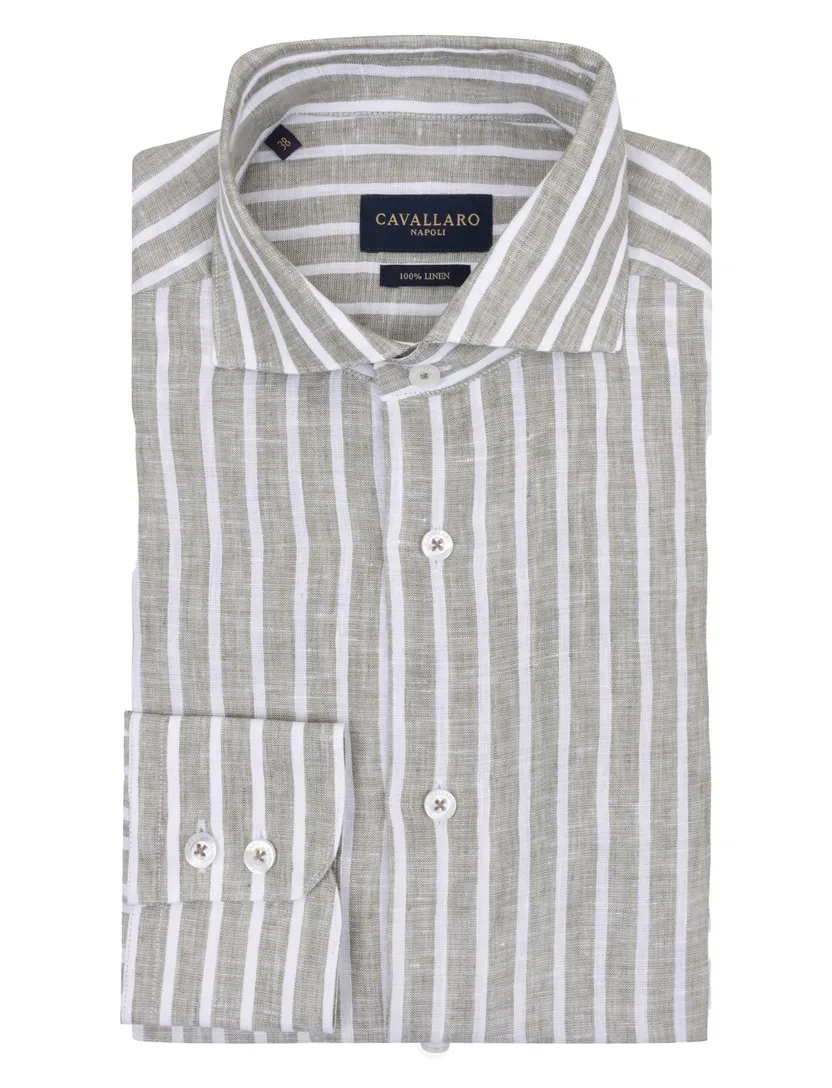 linnen Cavallaro Vittorio wit groen gestreept slim fit