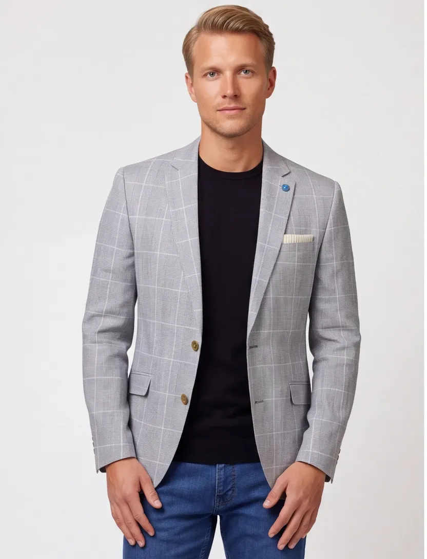 Scotland Blue Grou jacket drop 7,5 colbert grijs linnen geruit