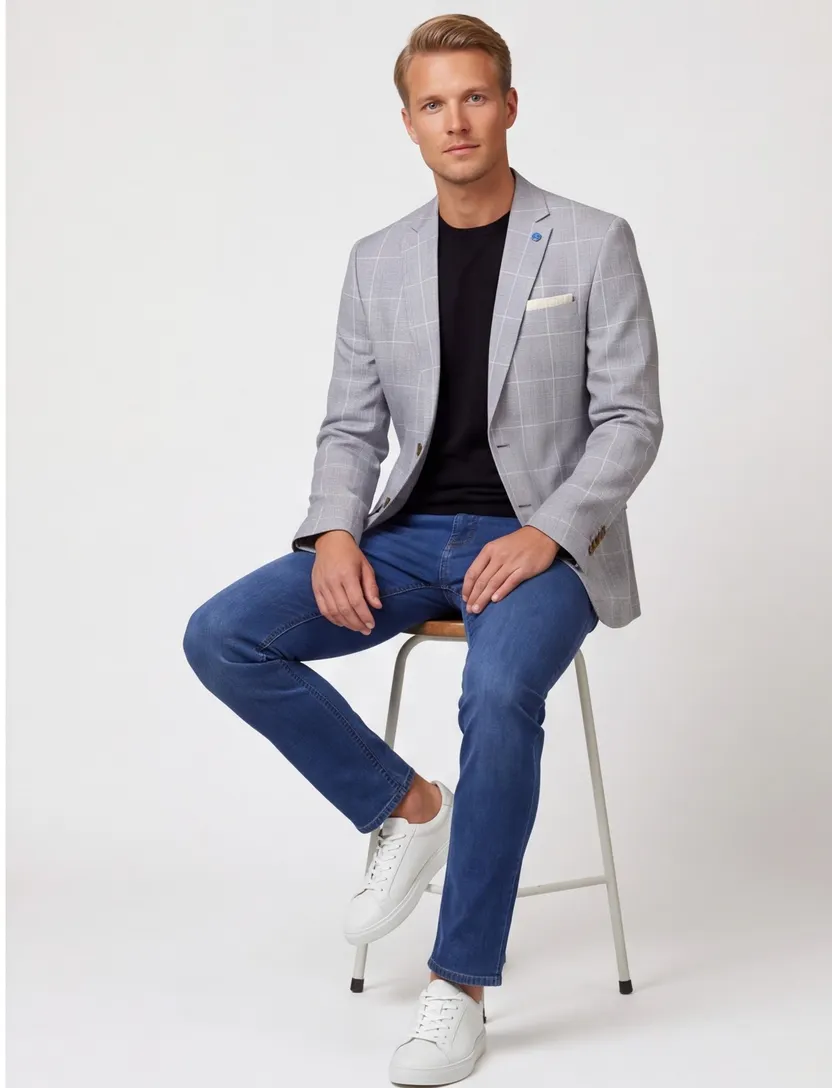 Scotland Blue Grou jacket drop 7,5 colbert grijs linnen geruit
