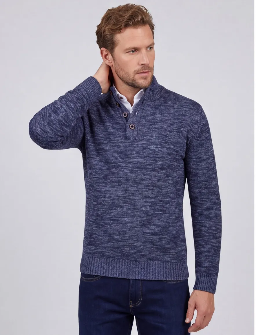 Fynch Hatton Buttoned Troyer trui navy knitted