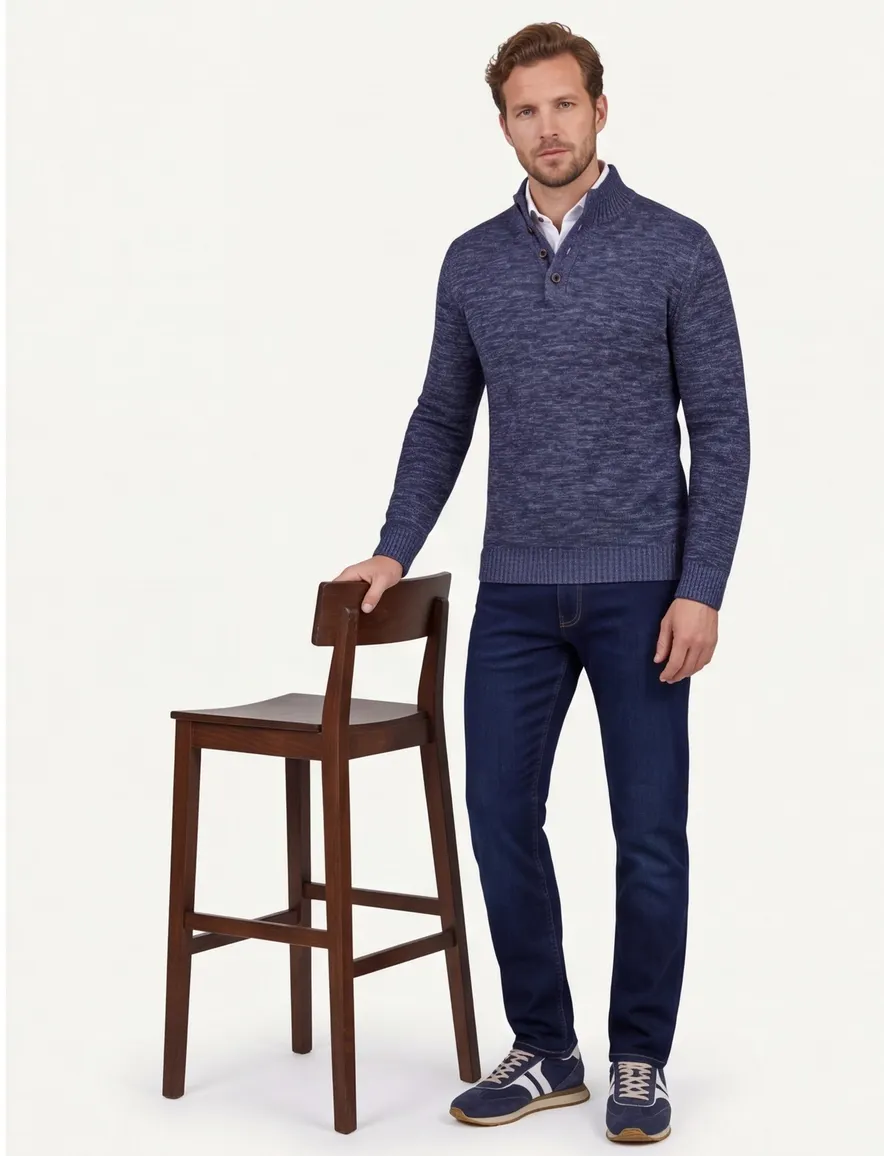 Fynch Hatton Buttoned Troyer trui navy knitted