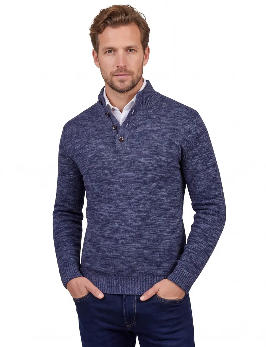Fynch Hatton Buttoned Troyer trui navy knitted