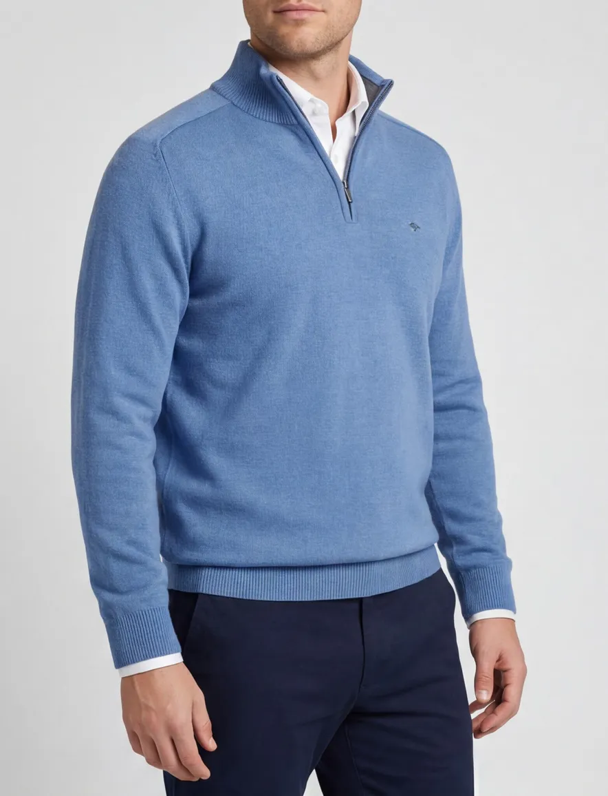 Fynch Hatton Troyer-zip blauw katoen effen