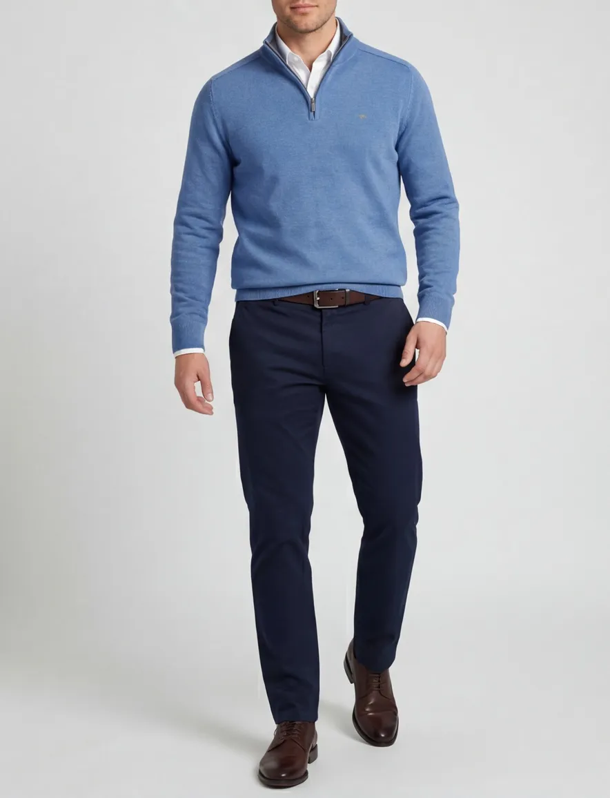 Fynch Hatton Troyer-zip blauw katoen effen