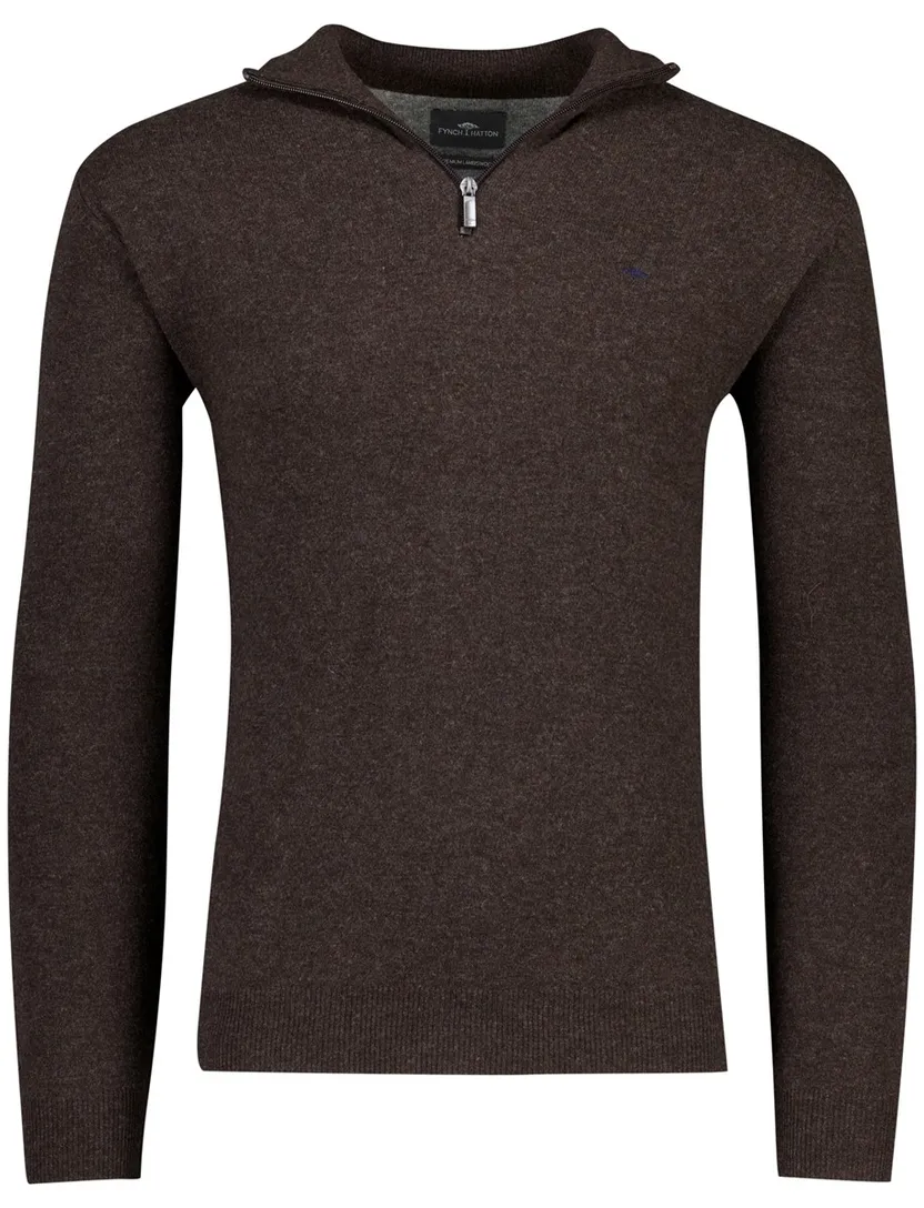Flynch Hatton Trui Half zip bruin lamswol gemêleerd