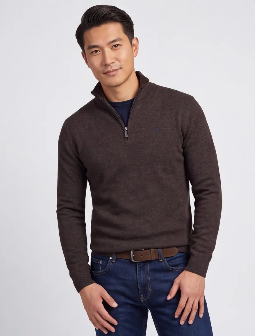 Flynch Hatton Trui Half zip bruin 100% lamswol