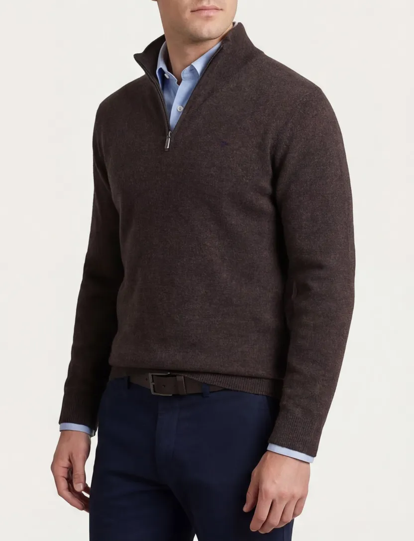 Flynch Hatton Trui Half zip bruin lamswol gemêleerd