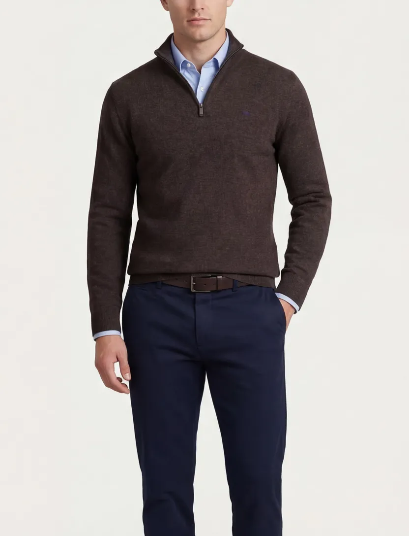 Flynch Hatton Trui Half zip bruin lamswol gemêleerd