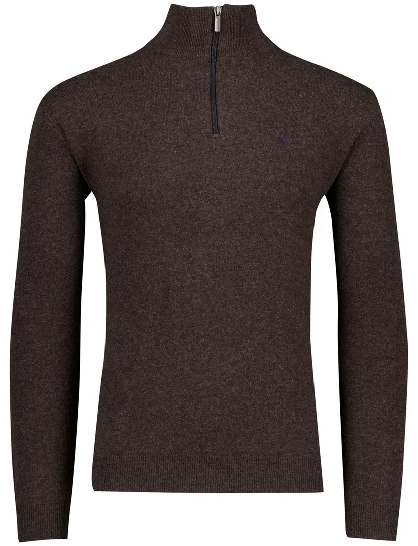 Flynch Hatton Trui Half zip bruin lamswol gemêleerd