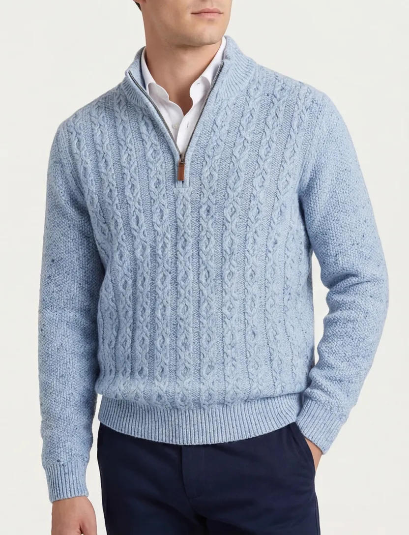 Fynch Hatton half zip kabeltrui wol lichtblauw