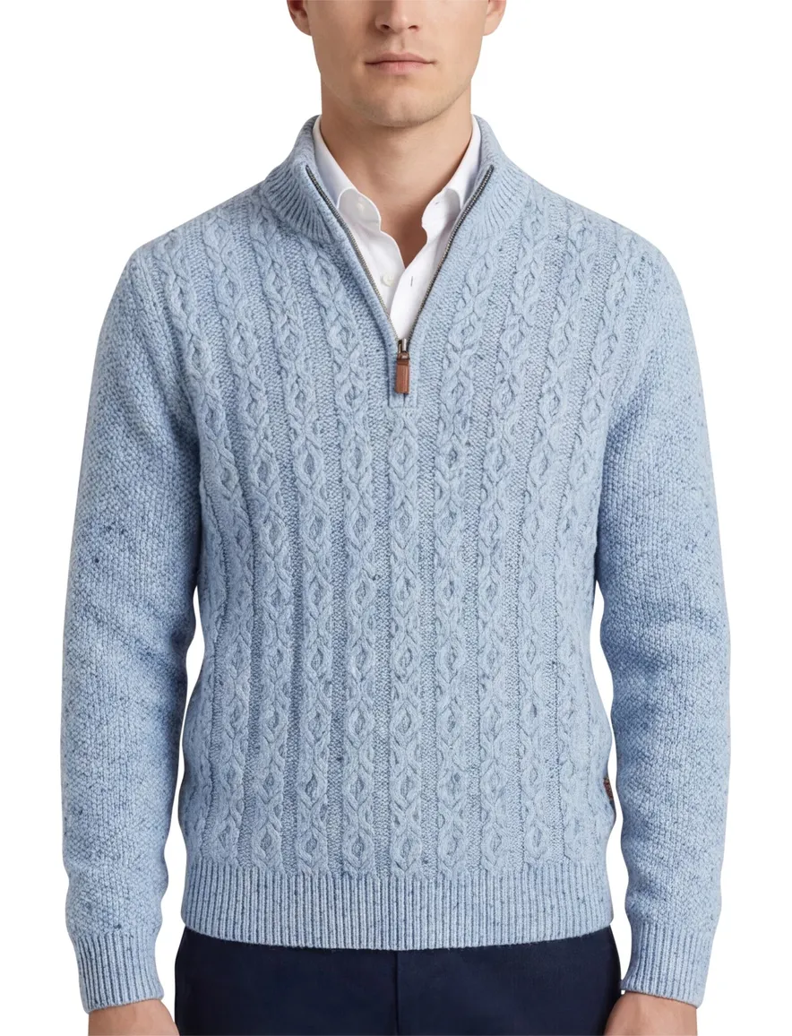 Fynch Hatton kabeltrui half zip lichtblauw wol