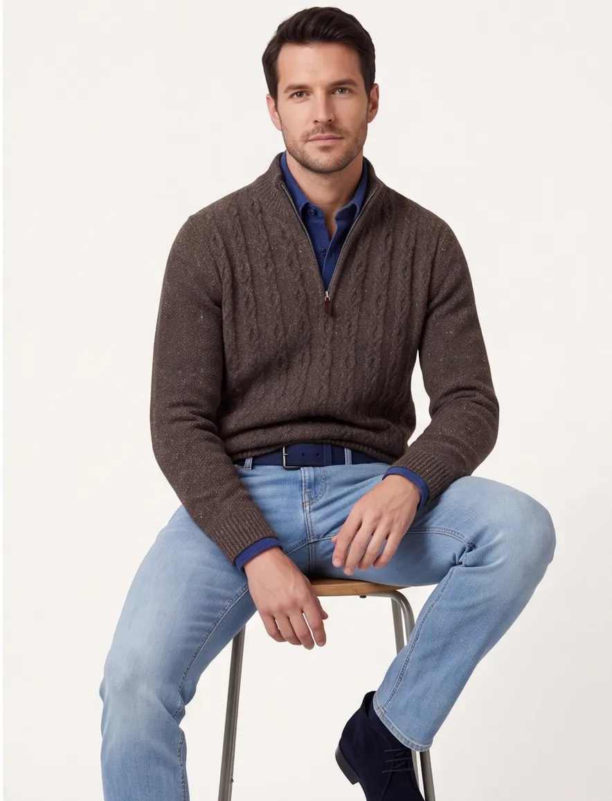 Fynch-Hatton trui half zip bruin