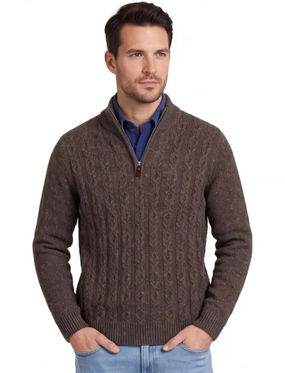 Fynch Hatton Half zip kabeltrui Fynch Hatton grijs bruin