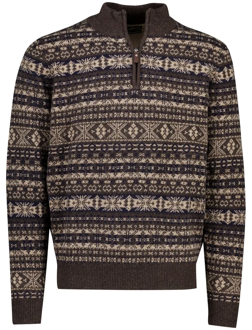Fynch Hatton Half zip bruin patroon gebreid met print