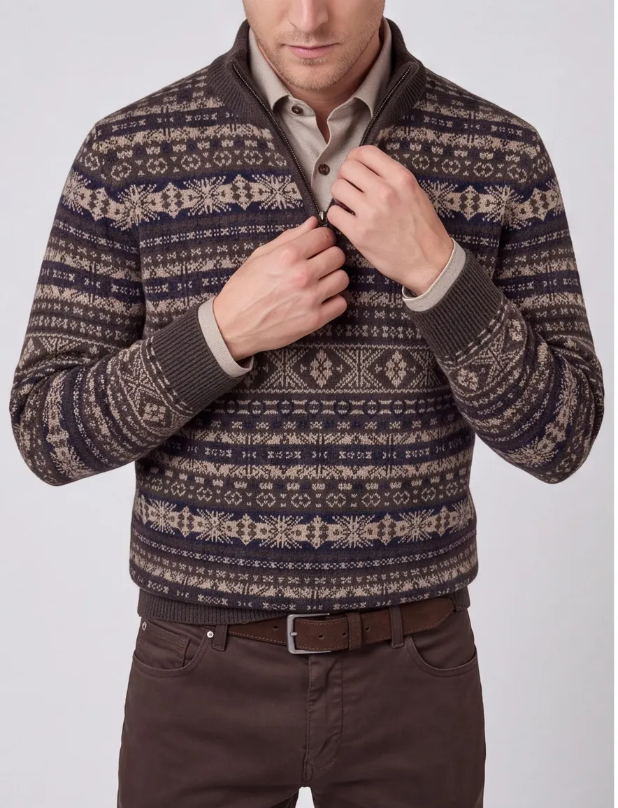 Fynch Hatton Half zip bruin patroon gebreid