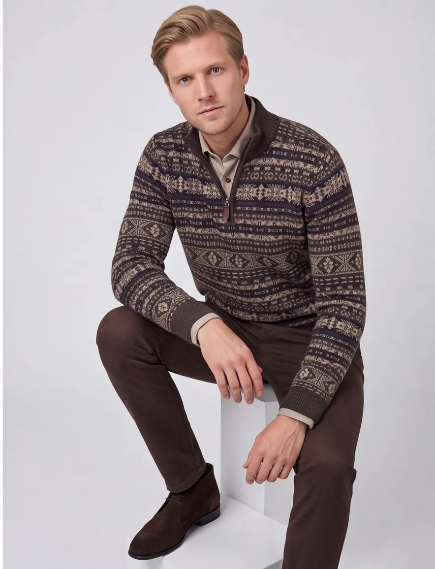 Fynch Hatton Half zip bruin patroon gebreid lamswol
