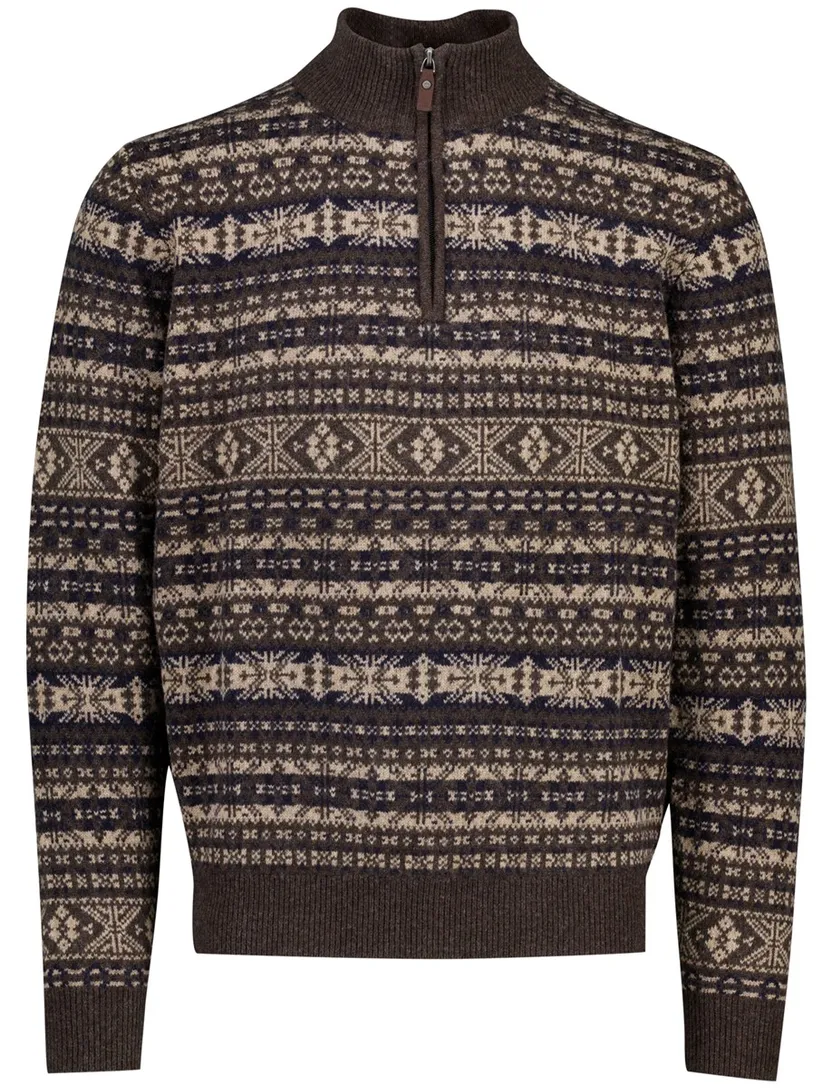 Fynch Hatton Half zip bruin patroon gebreid met print