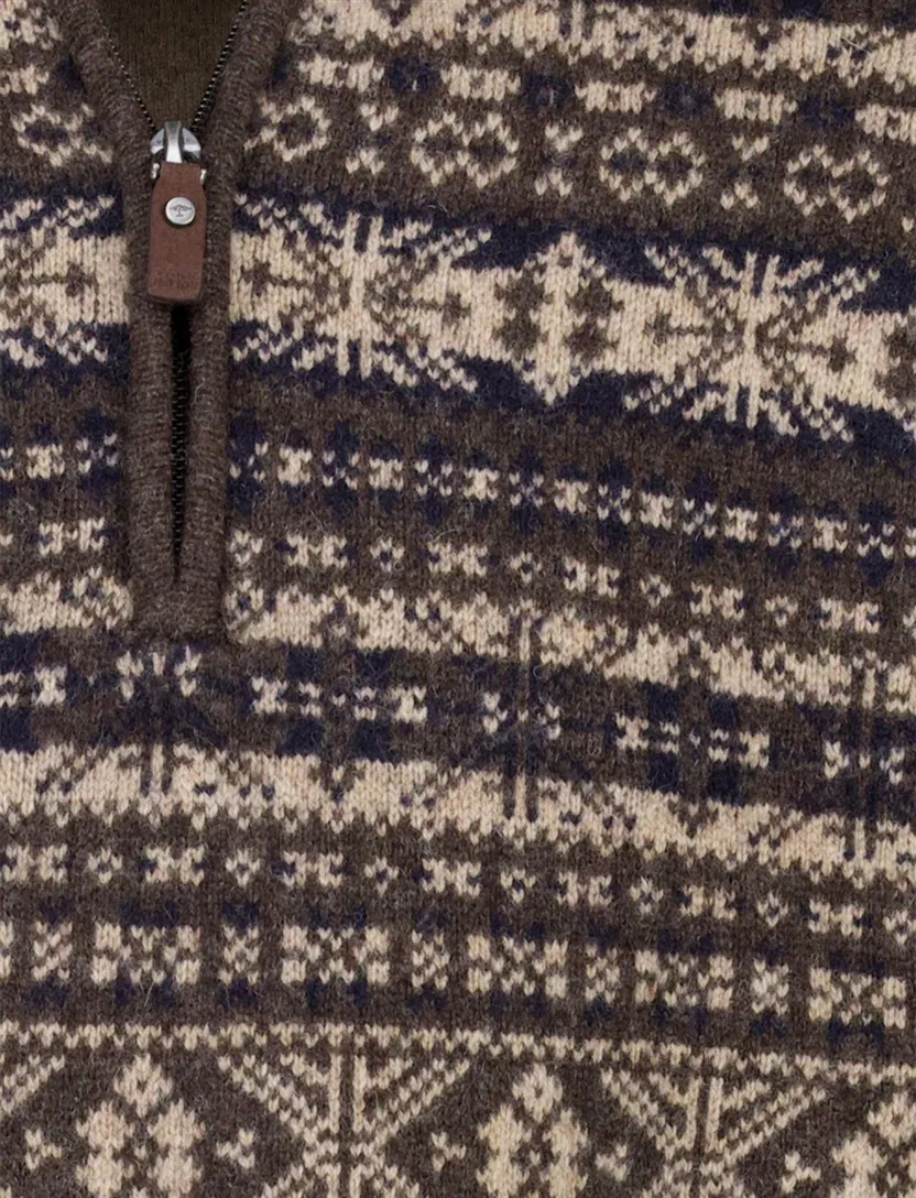 Fynch Hatton Half zip bruin patroon gebreid met print