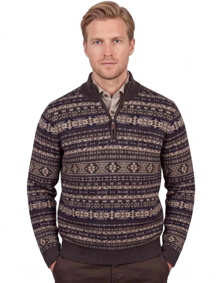 Fynch Hatton Half zip bruin patroon gebreid