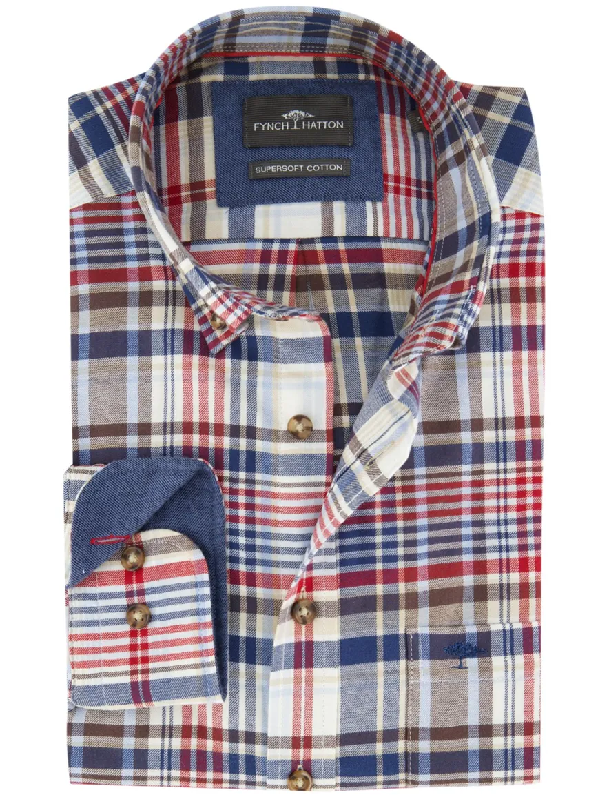 Fynch-Hatton overhemd ml 5 blauw rood geruit flanel button-down