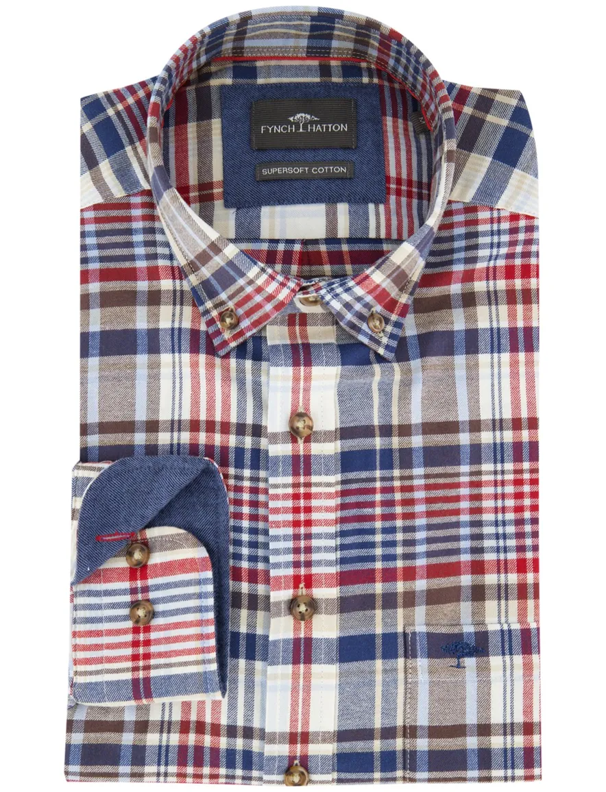 Fynch-Hatton overhemd ml 5 blauw rood geruit flanel button-down