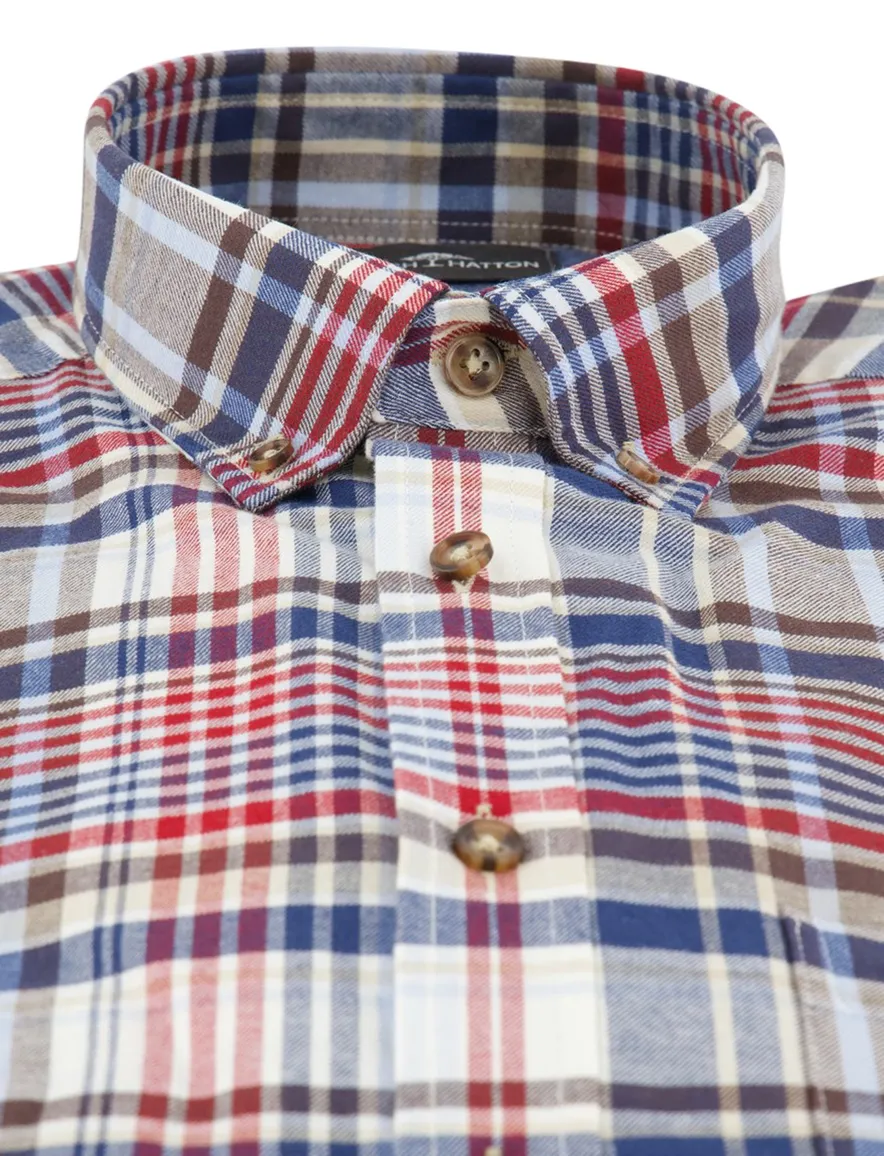 Fynch-Hatton overhemd ml 5 blauw rood geruit flanel button-down