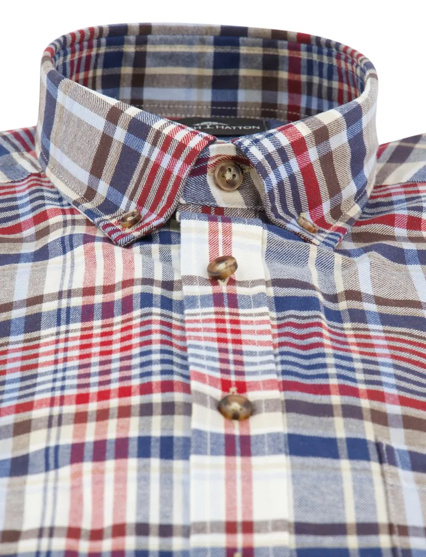 Fynch-Hatton overhemd ml 5 blauw rood geruit flanel